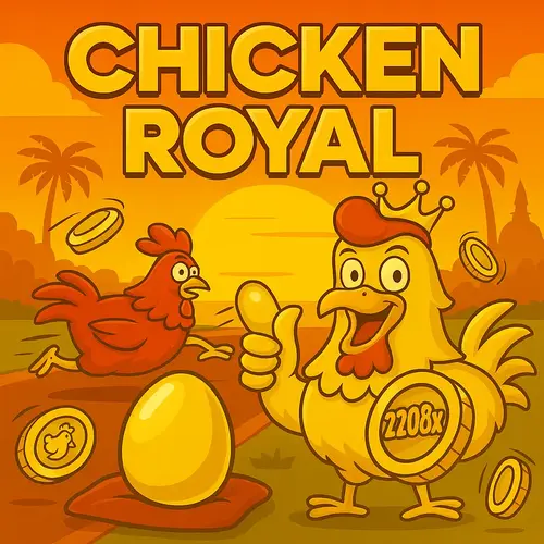 Chicken Royal - Crowned chicken with covered dishes and golden egg on cushion, rustic coop and rolling hills in bright daytime setting