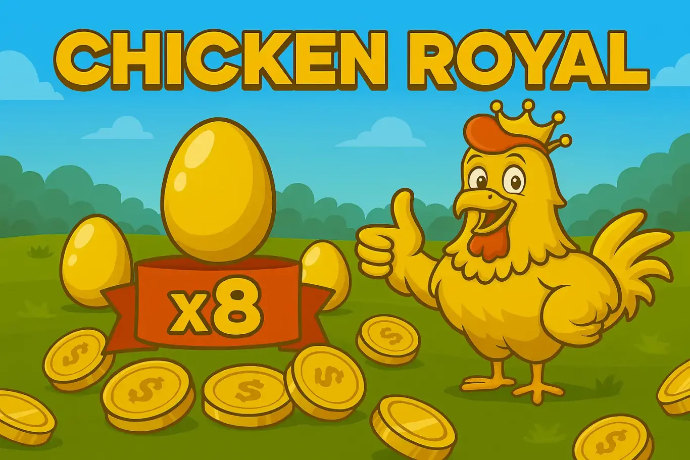 Chicken Royal neon night banner with glowing golden eggs, silhouetted chickens, neon-lit palms and temple outline, coins reflecting purple‑teal lights